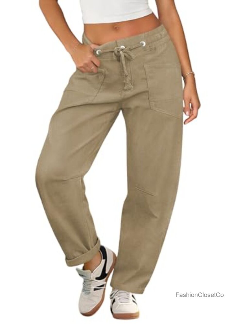 Elastic Waist Baggy Barrel Pants Low Rise Drawstring Stretchy Ankle Cropped